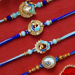 eCraftIndia Set Of 4 Peacock Designer Thread Rakhis With Roli Chawal-image-33