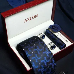 Axlon Men 3D Geometric Tie, Cufflinks, Flower Pin & Pocket Square Accessory Gift Set-1