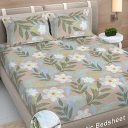 FABINALIV Beige & White Floral 300 TC King Bedsheet with 2 Pillow Covers-image-75