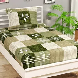 bsb home Aspire Beige & Green Printed Microfiber 144 TC Single Bedsheet Set 2.28m x 1.52m-87