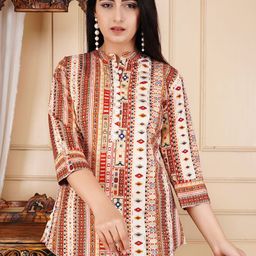 GUDWEARS Print Mandarin Collar Roll-Up Sleeves Top-41