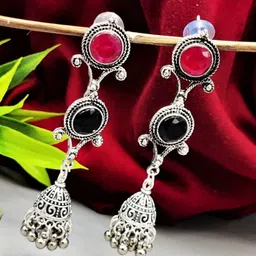 Yash Jewels Emporiums Silver-Plated Artificial Stones Studded Oxidised Dome Shaped Jhumkas-image-81