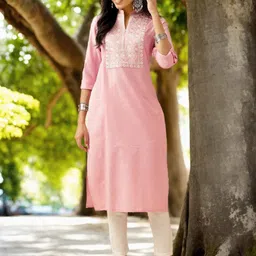 Anouk Floral Yoke Design Mandarin Collar Pure Cotton Straight Kurta With Trousers-image-53