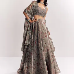 KALKI Fashion Printed Mirror Work Organza Ready to Wear Lehenga & Blouse With Dupatta-picture-49