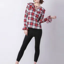 DELIS Checked Tie-Up Neck Bell Sleeve Cotton Top-5