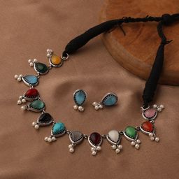 VENI 92.5 Silver-Plated Artificial Stone-Studded & Beaded Oxidised Jewellery Set-20