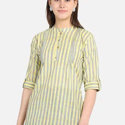 SAHORA Striped Mandarin Collar Roll-Up Sleeves Cotton Top-image-100