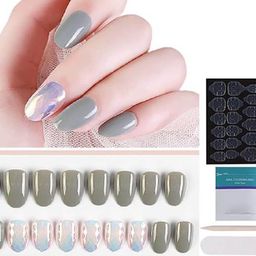 Coslifestore 24 Pcs Abstract Design Artificial Press On Gel Nails-Dark Grey & Silver-21