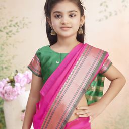 Aarika Girls Ethnic Motifs Woven Design Zari Pure Silk Block Print Saree-picture-12