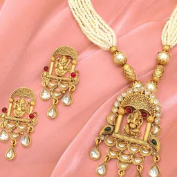 MANSIYAORANGE Gold-Plated Pearls Stone Studded & Beaded Temple Jewellery Set-48