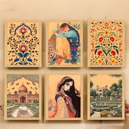 Art Street Pink & Blue 6 Pieces Madhubani Floral Mughal Painting Wall Arts-image-55