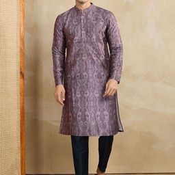 Inddus Ethnic Motifs Printed Mandarin Collar Sequinned Straight Kurta With Trousers-picture-1