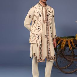KALPRAAG Men Floral Embroidered Regular Sequinned Kurta with Trousers & With Dupatta image 3