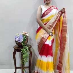 KALINI Tie and Dye Zari Organza Handloom Leheriya Saree-image-52