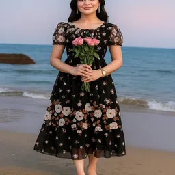 MISS CLOTHING Women Floral Printed Puff Sleeve Layered Georgette Fit & Flare Midi Dress-image-91