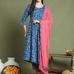 KALINI Floral Printed Round Neck Cotton A-Line Kurta With Trousers & Dupatta-picture-18