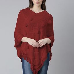SHOWOFF Women Self Design Longline Poncho with Fringed-picture-29