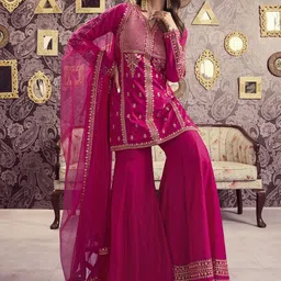 Inddus Ethnic Motifs Embroidered Notch Neck Sequinned A-Line Kurta With Sharara & Dupatta-39