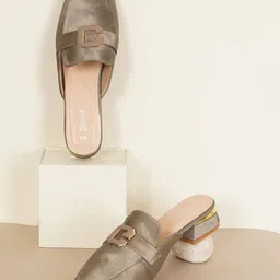Sherrif Shoes PU Block Heel Mules with Buckle Detail-15