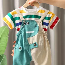 StyleCast x Revolte Boyes Striped Cotton T-shirt and Dungarees Set-16