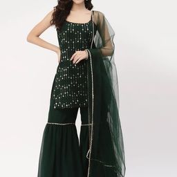 Sashay Boutique Women Floral Embroidered Regular Sequinned Kurta with Sharara & With Dupatta-picture-19
