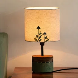 ExclusiveLane Off White & Green Dainty Flowers Printed Cylindrical Shaped Table Lamp-25