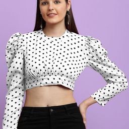 CLOTHINK INDIA Polka Dot Colourblocked Tie-Up Neck Puff Sleeve Crepe Crop Top-picture-8