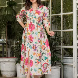 Pinly Women Floral Printed Puff Sleeve Slits Fit & Flare Maxi Dress-picture-16