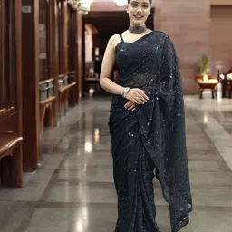 KIMISHA Checked Sequinned Saree With Blouse Piece-13