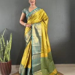 Yellow Cotton Silk Zari Weaving Saree with Unstitched Blouse Piece-18