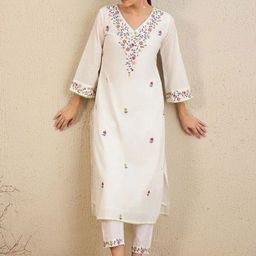 V.S.Creation Floral Embroidered Pure Cotton V-Neck Straight Kurta With Trousers & Dupatta-45