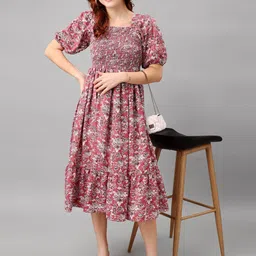 Raiyani Fashion Floral Print Puff Sleeve Applique Fit & Flare Midi Dress-picture-44