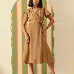 Sangria Cotton Women Solid V-Neck Wrap Midi Dress-image-31