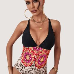 Plus Curvves Leopard & Floral Printed Criss Cross Deep V-Neck Bodysuit-62