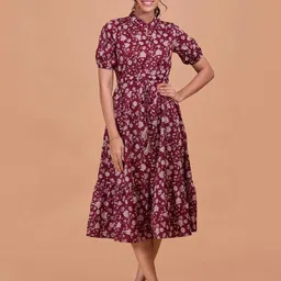 all about you Ethnic Motifs Print Puff Sleeve Cotton Fit & Flare Midi Dress-image-13
