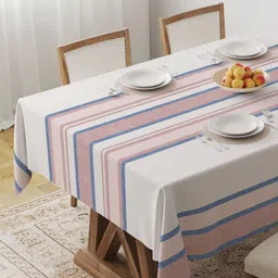 HOME COLORS.IN White Striped Cotton 4-Seater Table Cover-image-18