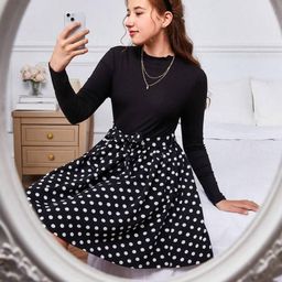 Miss & Chief Girls Polka Dot Print Round Neck Long Sleeves Fit & Flare Above Knee Dress-image-99