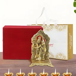 INTERNATIONAL GIFT Gold-Toned Radha Krishna Chowki with 6 Diya Religious Idol Showpiece-12