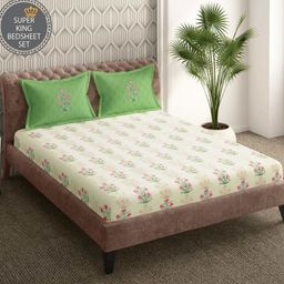 Portico Shalimaar Green Floral Cotton 164 TC Super King Bedsheet Set-2.74 m x 2.74 m-image-64