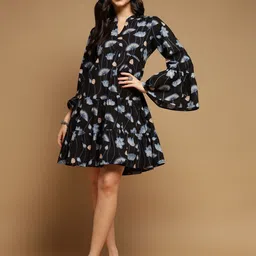 ARAVALII Women Floral Print Bell Sleeve Fit & Flare Dress-image-6