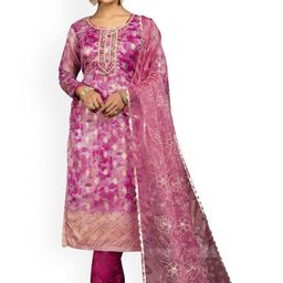 HERE&NOW Floral Embellished Beads Work Organza Banarasi Jacquard Unstitched Dress Material-picture-44