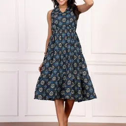 Deewa Women Floral Printed V-Neck A-Line Midi Dress-picture-8