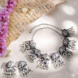 MANSIYAORANGE Silver-Plated Beaded-Studded Oxidised Jewellery Set-image-36