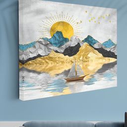 Aura Blue & Gold-Toned Mountain & Sailboat Printed Canvas Wall Art-image-17