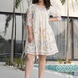 AUTUMN LANE Floral Printed Cotton A-Line Knee Length Dress-image-82
