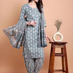 WILL BOTTOM Women Floral Printed Regular Thread Work Pure Cotton Kurta with Trousers & With Dupatta-picture-21
