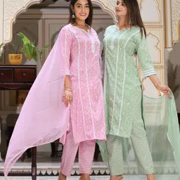 SINGNI Ethnic Motifs Printed Regular Thread Work Kurta with Trousers & Dupatta image 4