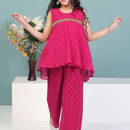 Sangria Girls Leheriya Printed Round NeckKurta With Palazzo Sets-image-33