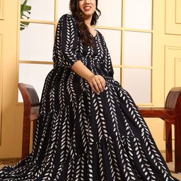 DEEBACO Plus Size Tropical Printed Puff Sleeves Tiered Fit & Flare Maxi Dress-17