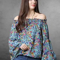 Chemistry Floral Print Off-Shoulder Flared Sleeve Smocked Crepe Top-26